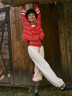 Free People Cream Fleece Track Pants with Red Waistband